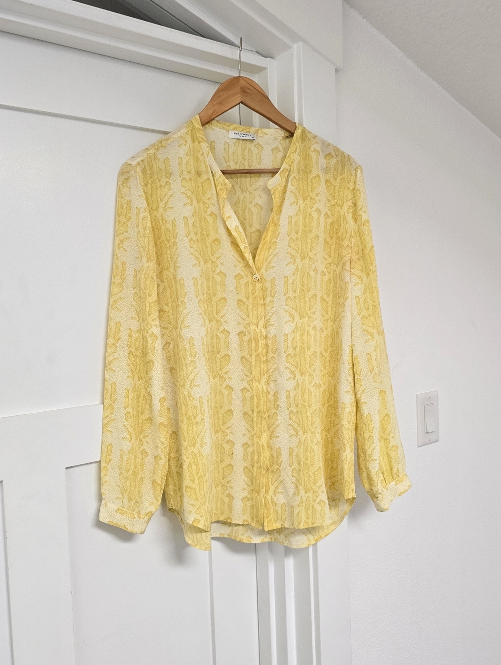 Equipment Femme Silk Button Down Collarless Blouse in Yellow Snakeskin